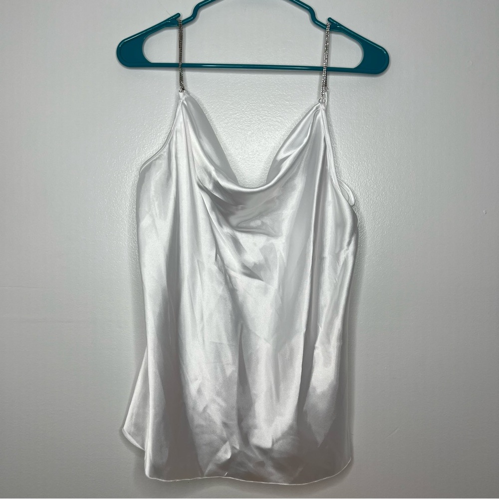 Nicole Miller White Satin Cowl Neck Tank with Chain Straps